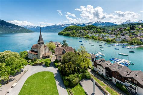 Spiez Castle With Cruise Ship On Lake Thun In Bern Switzerland Stock