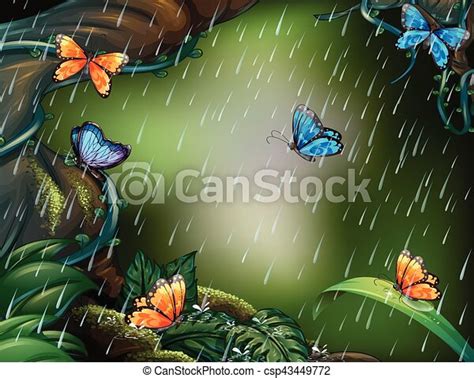 Deep Forest Scene With Butterflies Flying In The Rain Illustration