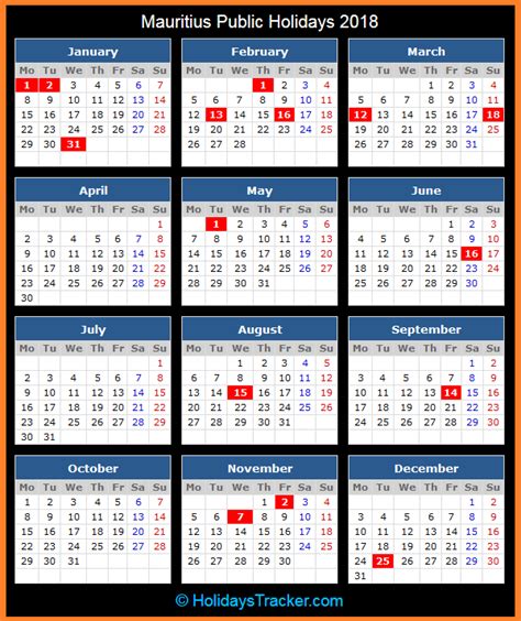 This page contains a calendar of all 2018 public holidays for malaysia. Mauritius Public Holidays 2018 - Holidays Tracker
