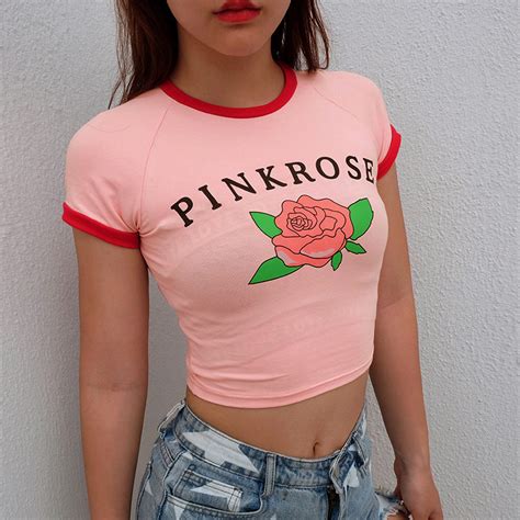 soshirl pink rose t shirt kawaii cute candy color t shirt sexy cropped tops women floral summer