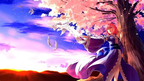 Anime Anime Girls Pink Hair Short Hair Looking Away Touhou Saigyouji