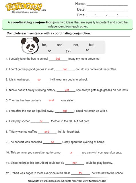 Conjunctions Worksheets Fill In The Blanks Using Conjunctions
