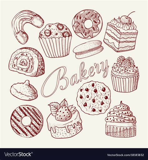 Hand Drawn Bakery Sweets Desserts Doodle Vector Image