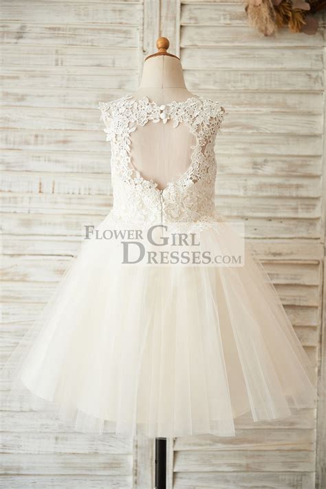 Ivory Lace Champagne Tulle Keyhole Back Wedding Flower Girl Dress