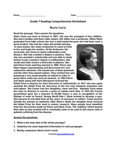 Mcq questions for class 7 english grammar reading comprehension with answers. Marie Curie Seventh Grade Reading Worksheets (With images ...