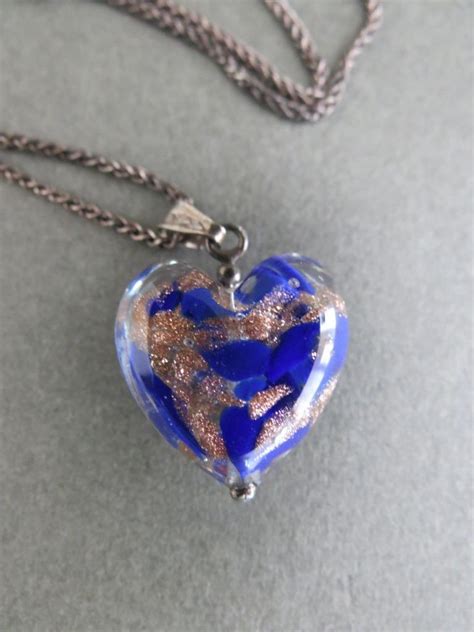 Vintage Murano Aventurine Glass Heart Sterling Silver Pendant Necklace