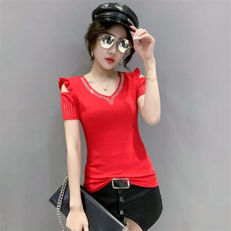 7366 Black White Red Off Shoulder T Shirt With Diamonds Tight T Shirt