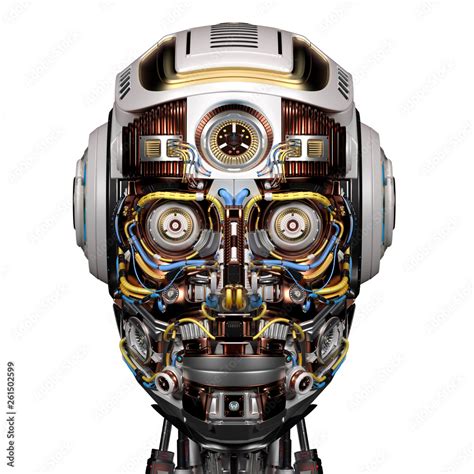 Extremely Detailed Robot Face Or Technological Cyborg Head Front View