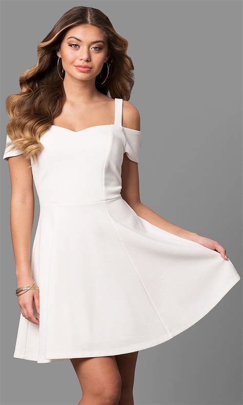 Cold Shoulder Short Sleeve Ivory Graduation Dress Dresses White