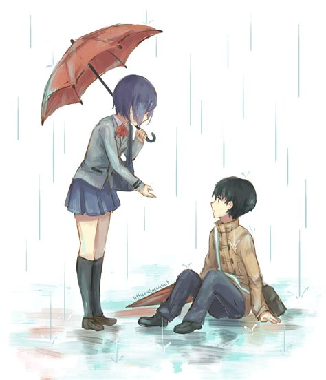 Two People Sitting On The Ground In The Rain One Holding An Umbrella
