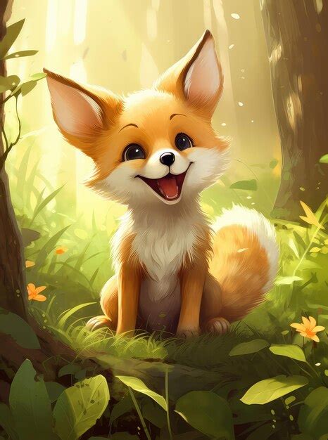 Premium Ai Image Cartoon Cute Baby Fox In The Summer Forest