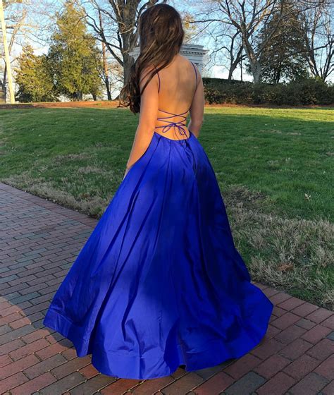 Royal Blue Satin Spaghetti Strap Deep V Neck Prom Gowns A Line Evening Formal Dresses With High