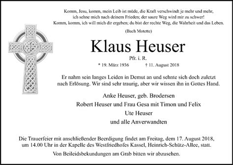 Im haus meines feindes von sandra brown. Traueranzeigen von Klaus Heuser | Trauer.HNA.de