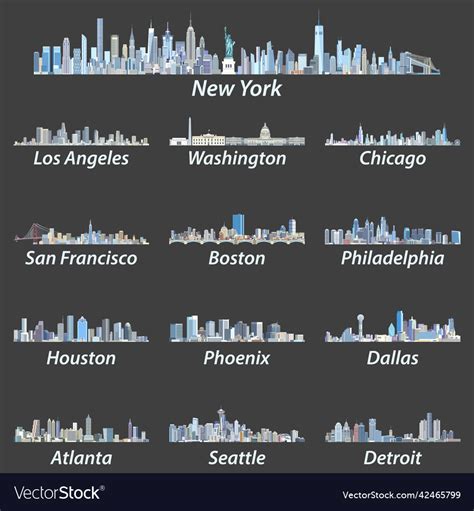 United States Largest Cities Skylines Royalty Free Vector