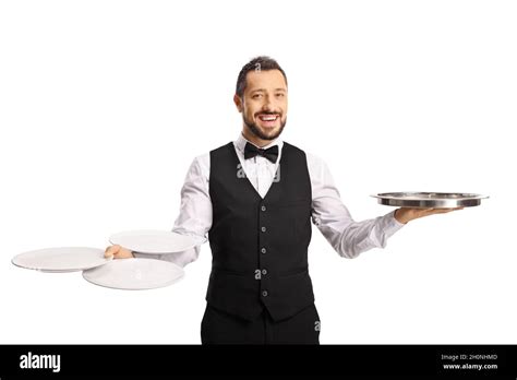 Professional Waiter Holding Empty Plates And A Silver Tray Isolated On