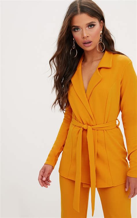 Mustard Belted Blazer Coats And Jackets Prettylittlething