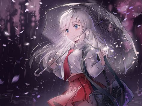 Desktop Wallpaper Beautiful Anime Girl Enjoying Rain Umbrella Hd Image Picture Background