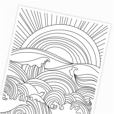 Sunset And Ocean Waves Coloring Page Digital Printable Etsy Coloring