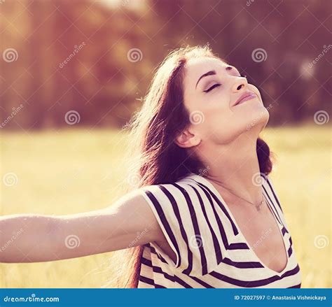 Freedom Relaxing Woman Enjoying Fresh Air In Sunny Summer Day Wi Stock Image Image Of Face