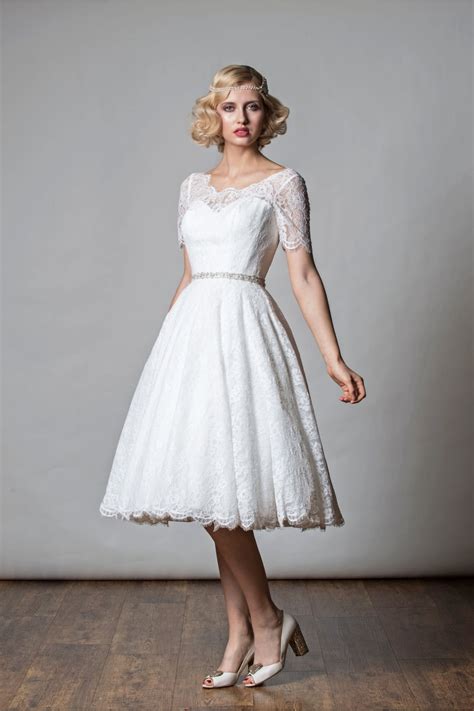 1068 Penny Tea Length Short Wedding Dress 1920s Vintage Half Sleeve