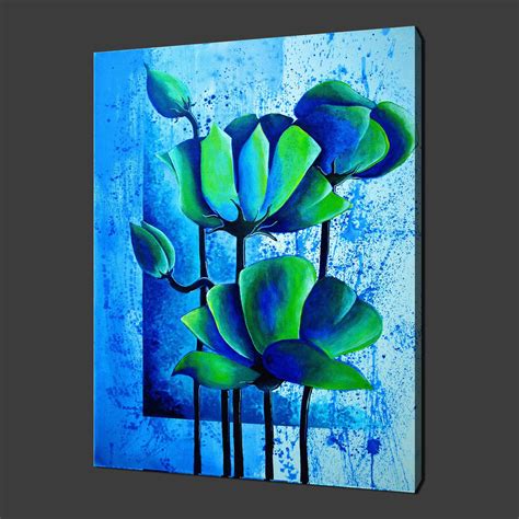 Blue Green Poppies Modern Flower Art Poster Canvas Print 20 X 16 Inch