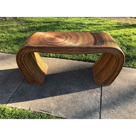 Please note, this is an item that may be especially difficult to move and/or transport. 1970s Mid-Century Modern Curved Pencil Reed Rattan Console ...