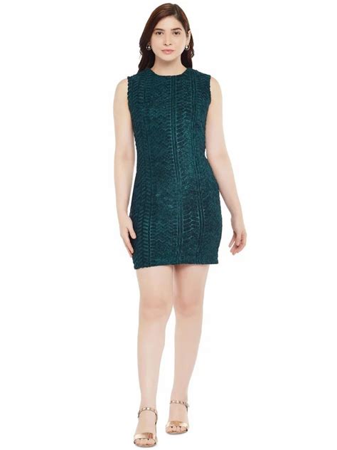 Self Design Sleeveless Sheath Mini Dress In Green महिलाओं की डिजाइनर