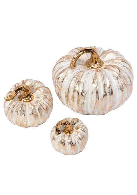 Set Of 3 White And Gold Resin Pumpkins