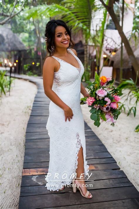 You can also choose a very minimal white dress. White Lace Body-hugging Split Casual Outdoor Wedding Dress - Promfy.com