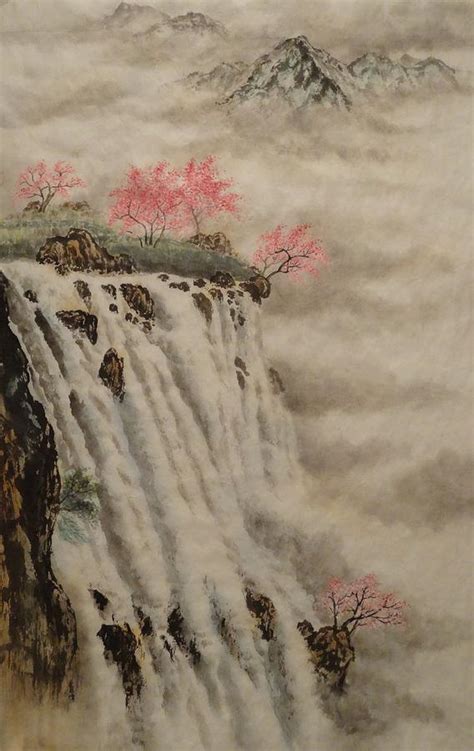 Water Fall With Cherry Blossom Painting By Ann Gan Fine Art America