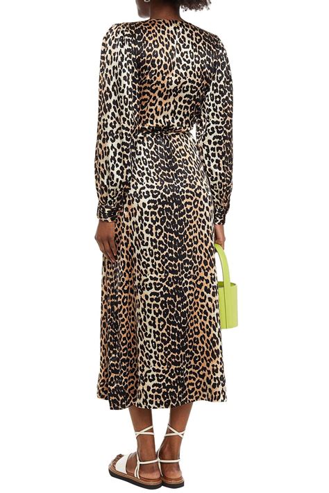 Ganni Leopard Print Silk Blend Satin Midi Wrap Dress The Outnet