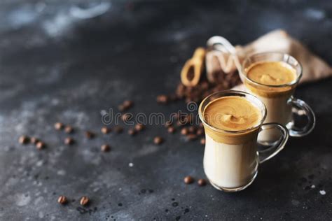 Two Glass Cups With Dalgona Frothy Coffee Trend Korean Drink Latte