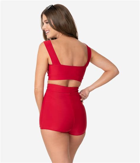 Retro Style Red Rounded Buckle High Waist Swim Shorts