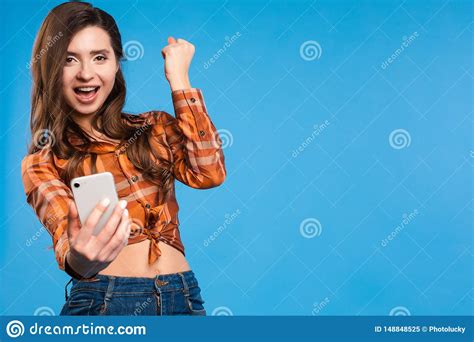 Lucky Girl In Checkered Shirt Taking Selfie And Smiling Stock Image