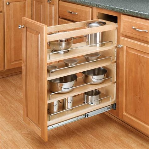 Add more space inside the cabinet while great kitchen organizers should add more options to the typical space a cabinet has inside. Rev-A-Shelf 3-Tier Pull-Out Base Organizer 5" Wood 448-BC ...