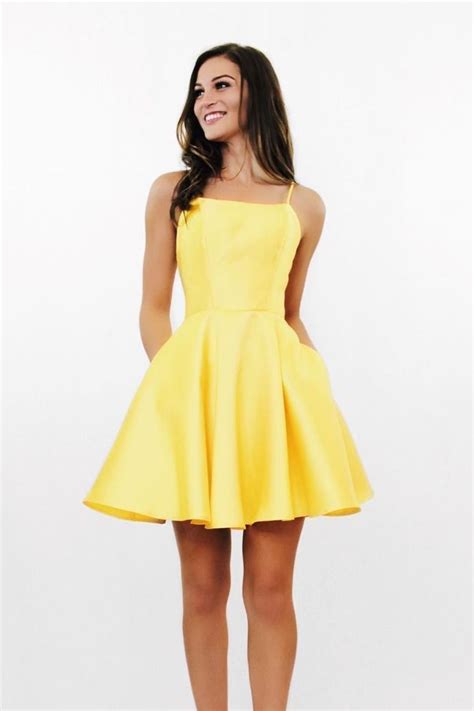 Short Yellow Homecoming Dress With Tie Back Smile Yellow Homecoming Dresses Satin