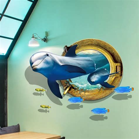 3d Animal Wall Stickers Cute Blue Dolphin Ocean Fish Decorative Wall
