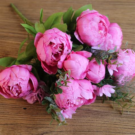 artificial vivid silk peony flowers with fake leaf bouquet for home accent wanahavit