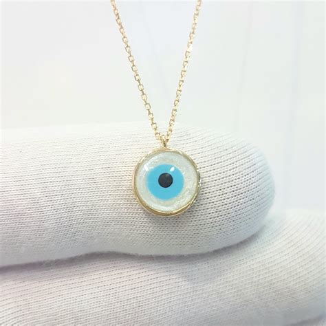 14K Real Solid Yellow Gold Evil Eye Mother Of Pearl Necklace For Women