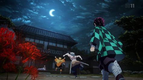 Two Anime Characters Are In Front Of A Building At Night With The Moon
