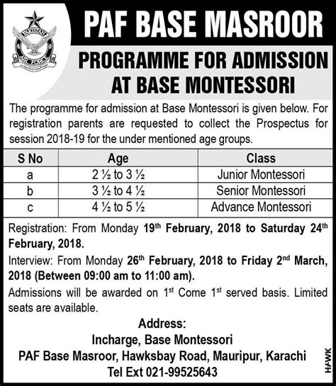 Paf Base Montessori Paf Base Masroor Admission 2024 Government