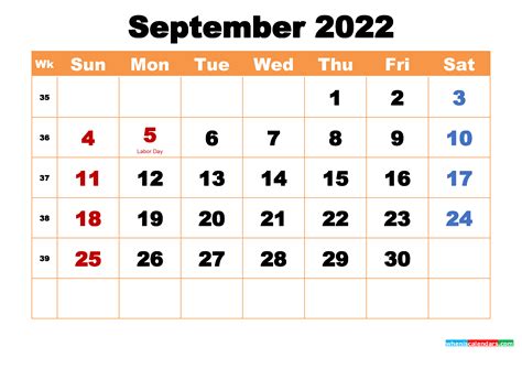 Free September 2022 Calendar With Holidays Printable