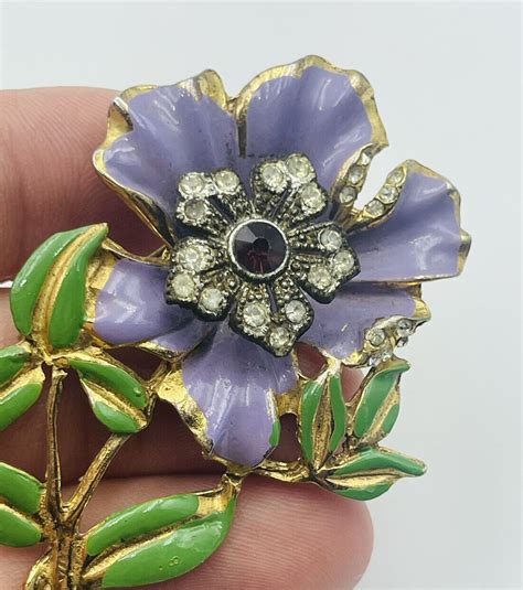 Coro Vintage Rhinestone Quivering Trembler Flower Purple Enamel Pin Ebay