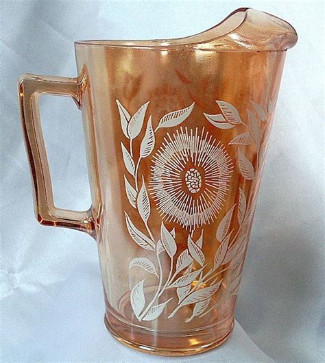 Vintage Amber Flower Glass Pitcher Floral Carnival Water By Ddb7