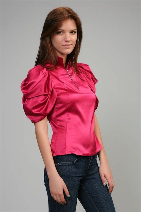 Puff Sleeves Satin Blouse Fashion Silk Outfit Shiny Blouse