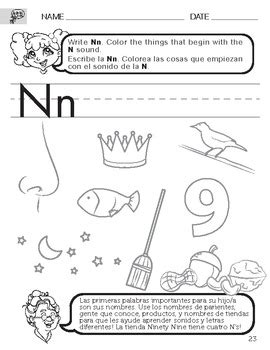 letter n sound worksheet with instructions translated into spanish for