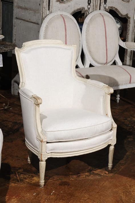 Pair Of French Louis Xvi Style 19th Century Painted Upholstered Bergère