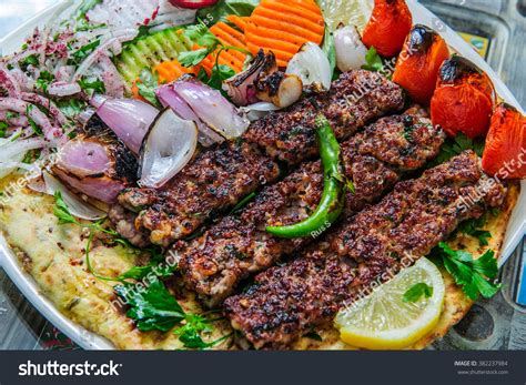 Plate Arabic Kebab Meat Grilled Vegetables Stock Photo Edit Now 382237984