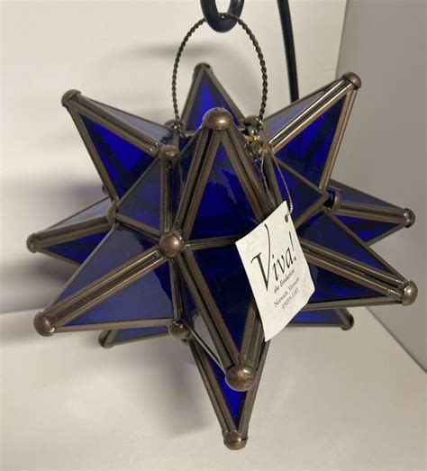 Vintage 7” Moravian Star Hanging Tealight Pendant Cobalt Blue Glass