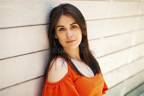Portrait Close Up Of Young Beautiful Brunette Woman Stock Photo Image